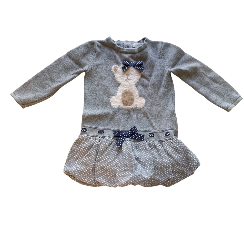 Maggie & Zoe Sweater Dress 24M Gray Teddy Bear Polka Dot Bow Bubble Hem Coquette